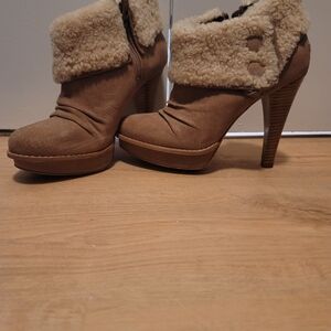 UGG Tan Heeled Boots with Faux Fur Cuff